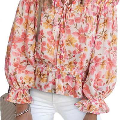 BLENCOT Summer Sexy Off Shoulder Tops for Women Boho Ruffle Sleeve Floral Chiffon Shirts Blouses