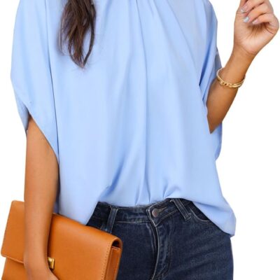 Womens Blouses Dressy Casual Mock Neck Batwing Sleeve Tops Loose Fit Tie Back Summer Tunic Tops