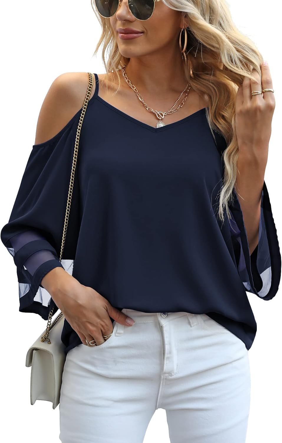 Jouica Womens Summer Cold Shoulder Tops Mesh Panel 3/4 Bell Sleeve Tees Adjustable Spaghetti Strap Loose Fit Shirts - Image 2