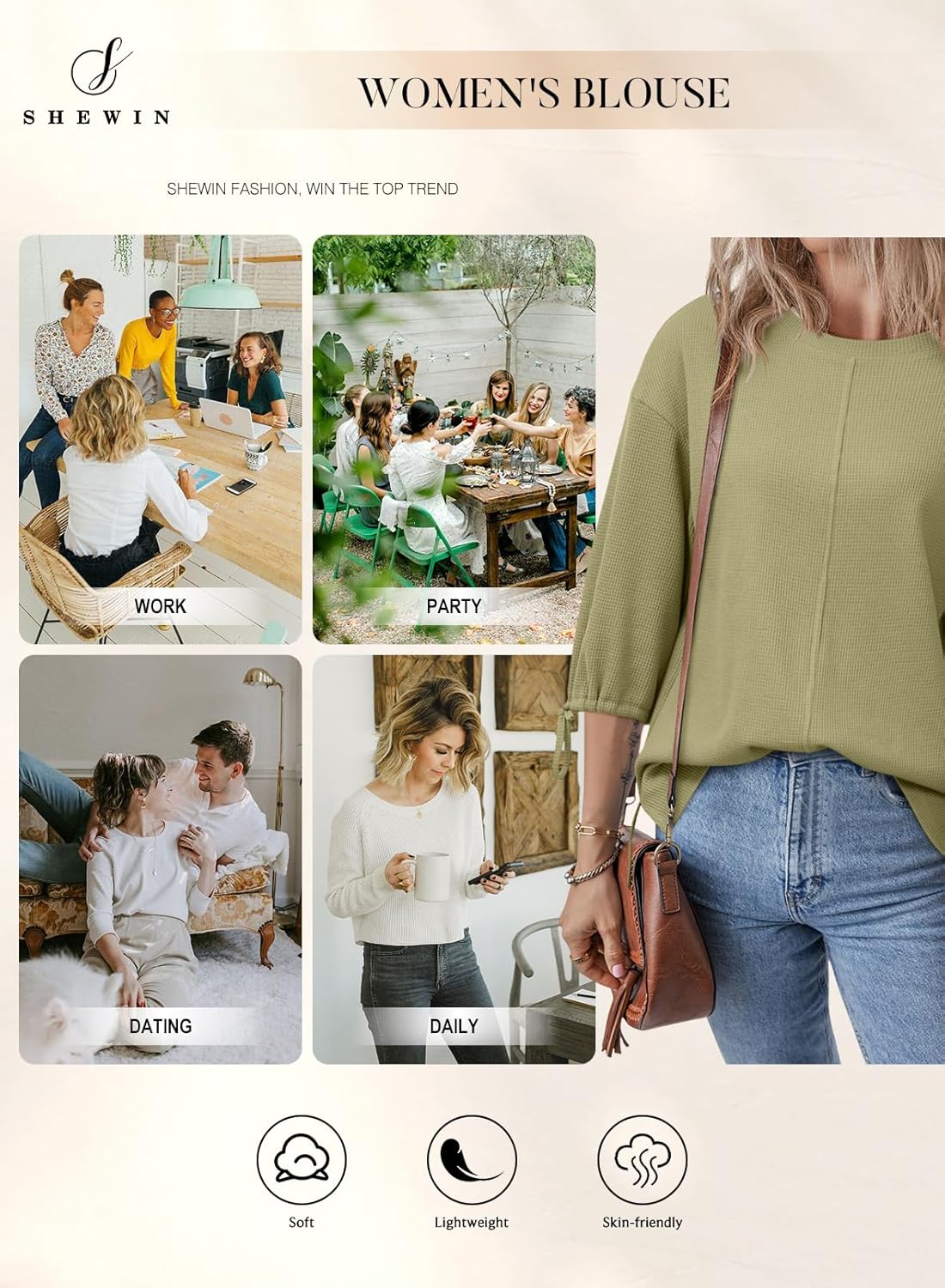 SHEWIN Women's 3/4 Length Sleeve Tunic Tops Loose Fit Casual Crewneck Waffle Knit T Shirts - Image 4