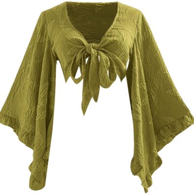 Women's Floral 70s Top Hippie Shirt Bow Tie Front Disco Deep V Ruffle Blouse Long Bell Sleeve Boho Crop Tops