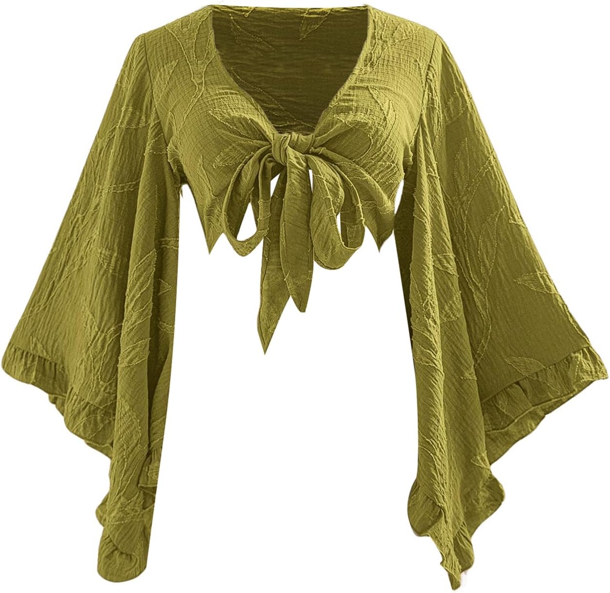 Women's Floral 70s Top Hippie Shirt Bow Tie Front Disco Deep V Ruffle Blouse Long Bell Sleeve Boho Crop Tops