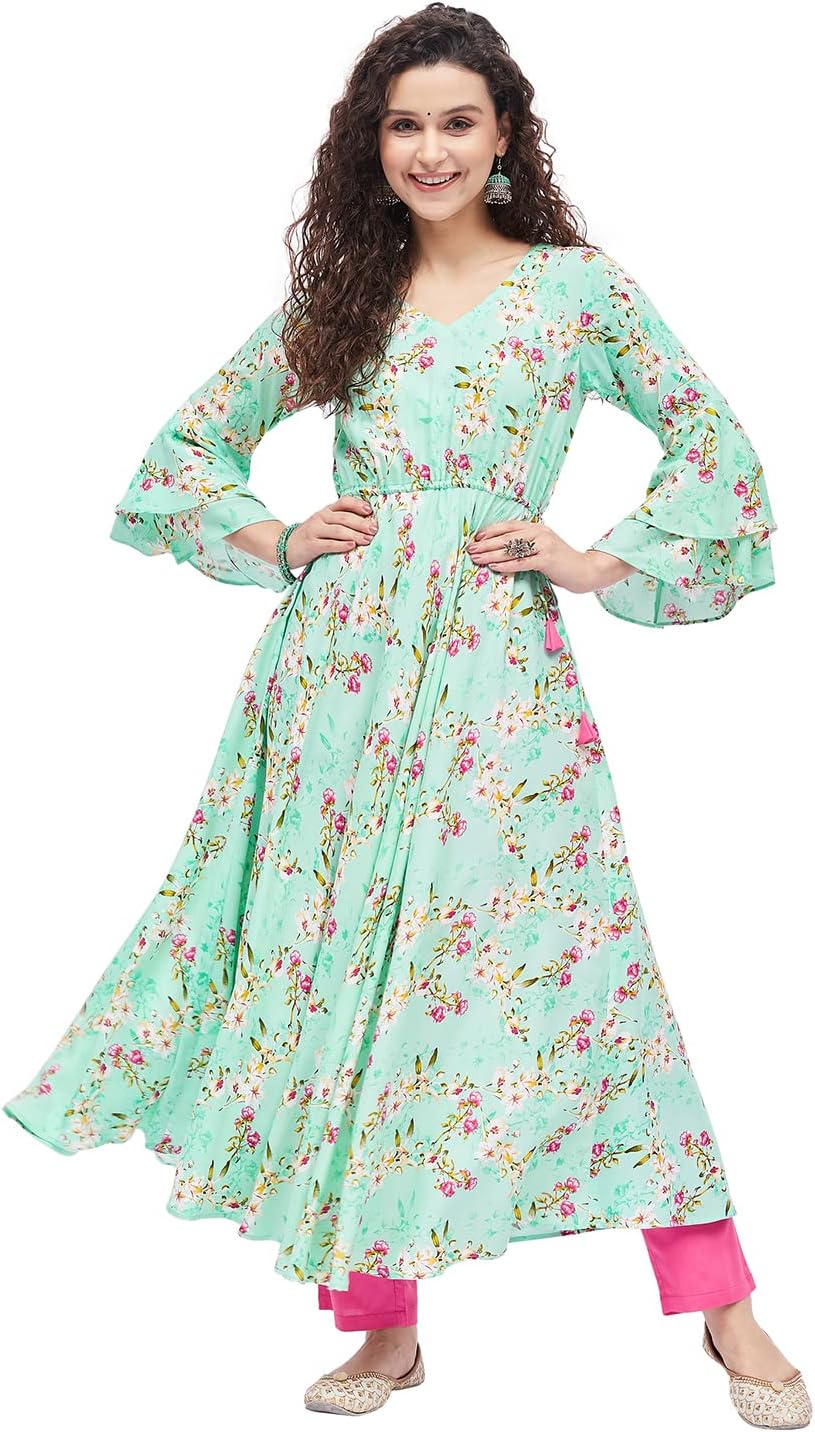 Tissu Women's Rayon Light Green & Rani Floral Printed Tie-up Kurta