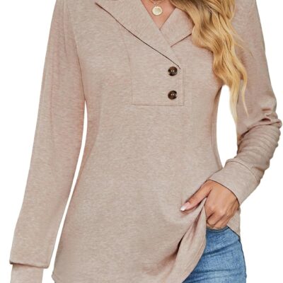 Micoson Women's Long Sleeve Button Lapel Tunic Tops V Neck Business Casual Swing Sweatshirt Pullover
