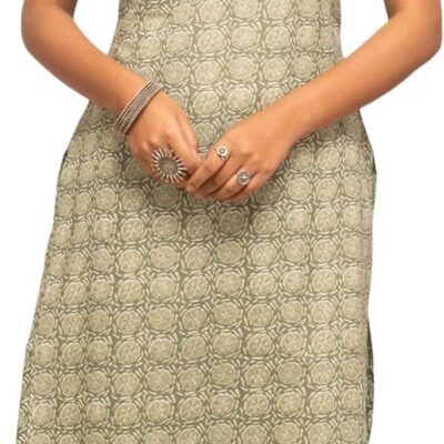 Women's Light Green Floral Printed Cotton Straight Kurta