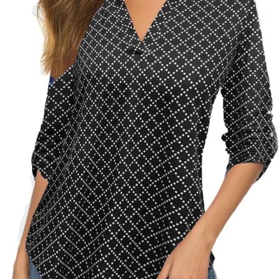 Halife Women's Roll Up 3/4 Sleeve Floral Print V Neck Tunic Blouses Tops Shirts