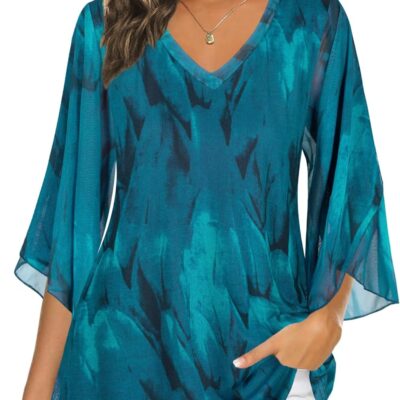 BEPEI Women's Tops 3/4 Sleeve Dressy Casual Blouses V Neck Double Layers Shirts