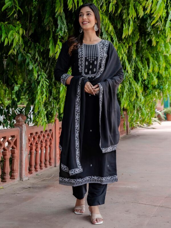 VredeVogel Women's Kurta Pant Set with Dupatta | Embroidered Viscose Roman Silk Kurta Set for Women - Image 2
