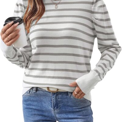 Women's Long Puff Sleeve Knit Tops Trendy Crew Neck Striped Blouses Casual Pullover Sweater