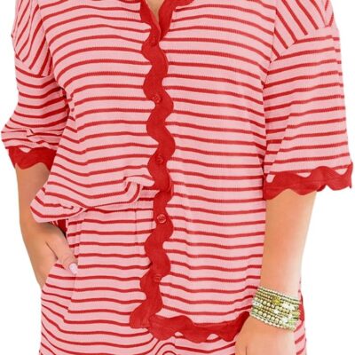 Tankaneo Womens 2 Piece Lounge Set Striped Outfits Short Sleeve Button Down Shirts and Shorts Summer Matching Sets