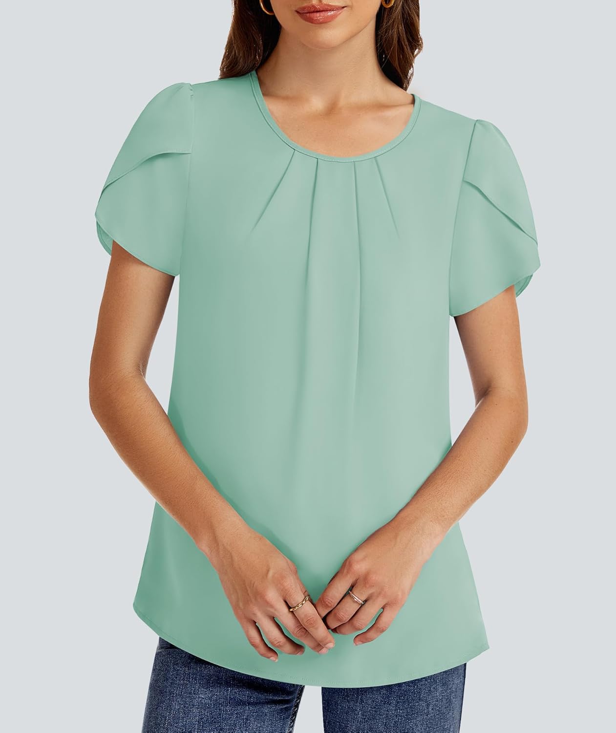 Funlingo Womens Summer Tops Dressy Casual Short Sleeve Tunic Chiffon Blouse Business Pleated Crew Neck Loose Flowy Shirts - Image 4