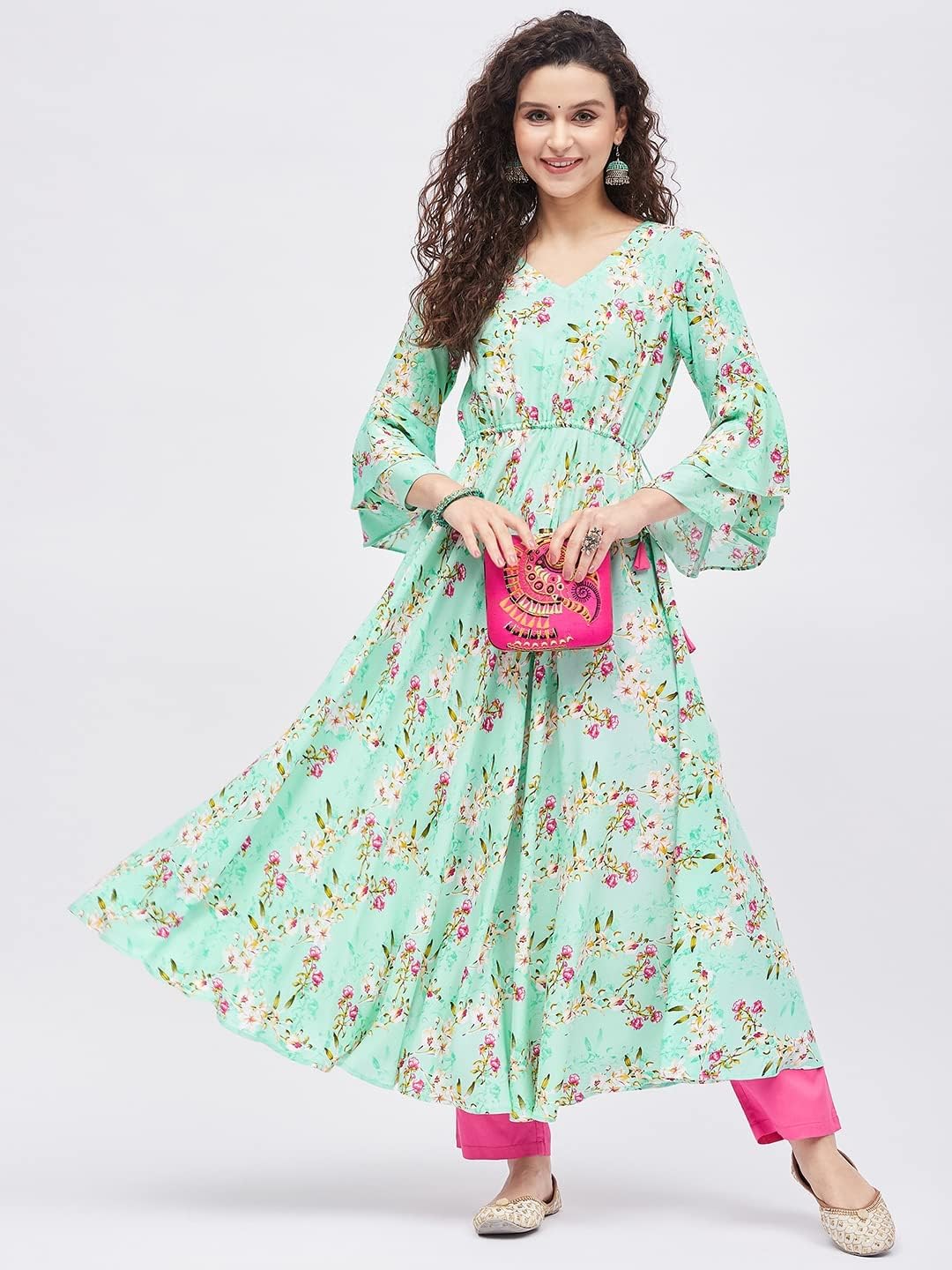 Tissu Women's Rayon Light Green & Rani Floral Printed Tie-up Kurta - Image 6