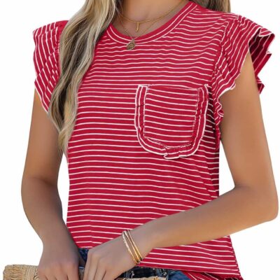 JUSTFASHIONNOW Womens Summer Tops Striped T-Shirts 2025 Ruffle Short Sleeve Crew Neck Casual Blouses with Pocket