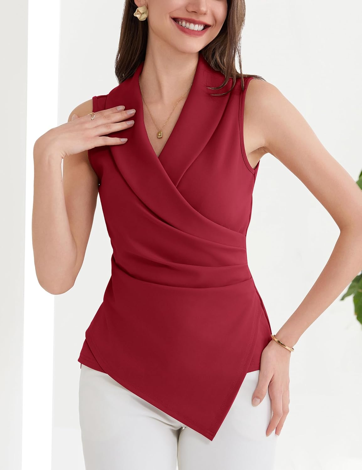 GRACE KARIN Women's Wrap V Neck Casual Work Tops Sleeveless Office Dressy Summer Blouse Asymmetrical Elegant Shirts - Image 2