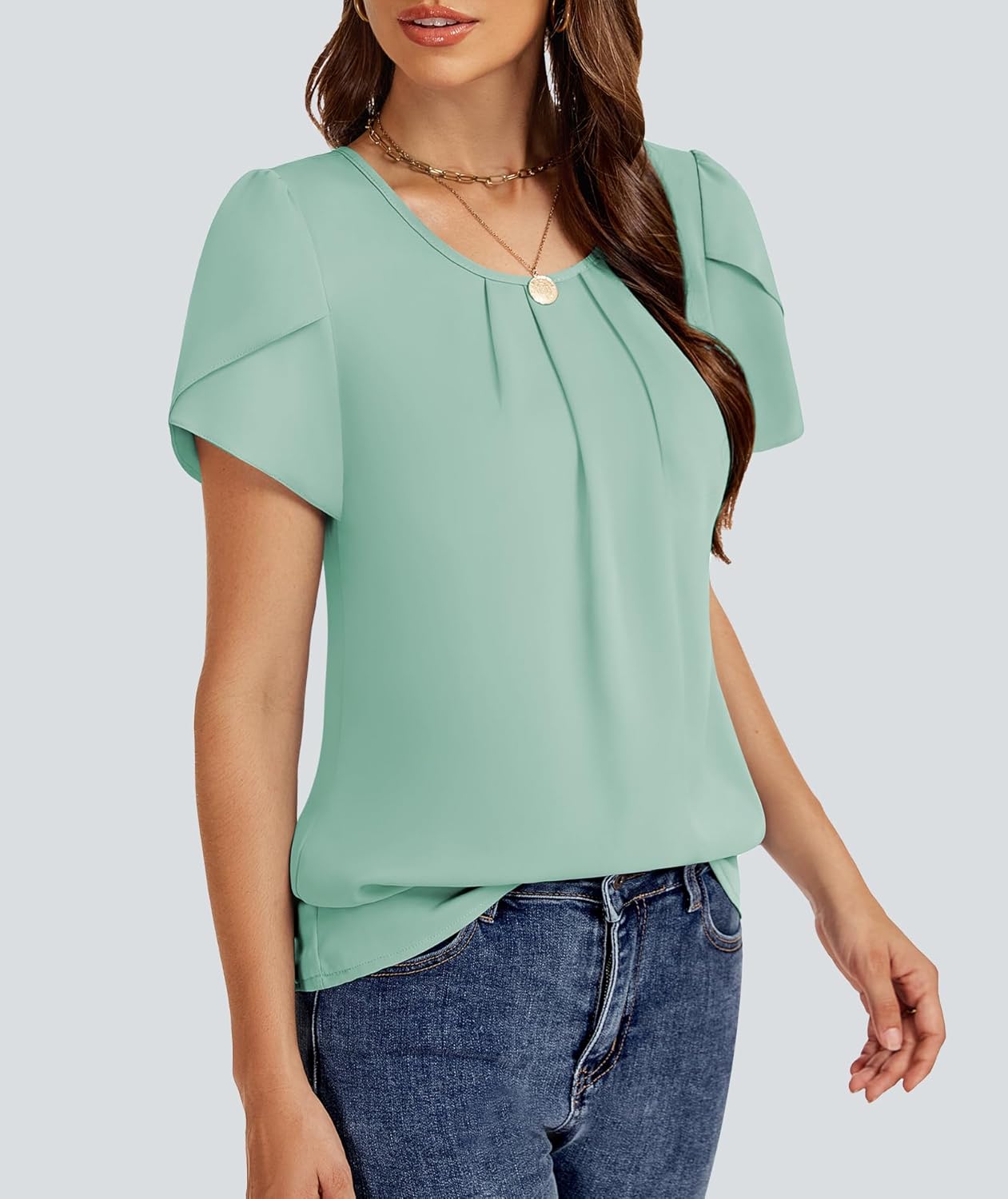 Funlingo Womens Summer Tops Dressy Casual Short Sleeve Tunic Chiffon Blouse Business Pleated Crew Neck Loose Flowy Shirts - Image 3