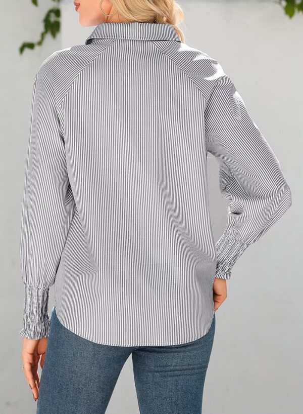 Astylish Women 2025 Fine Striped Smocked Cuffed Henley Shirts Long Sleeve Collared Blouse Tops with Pocket - Image 3