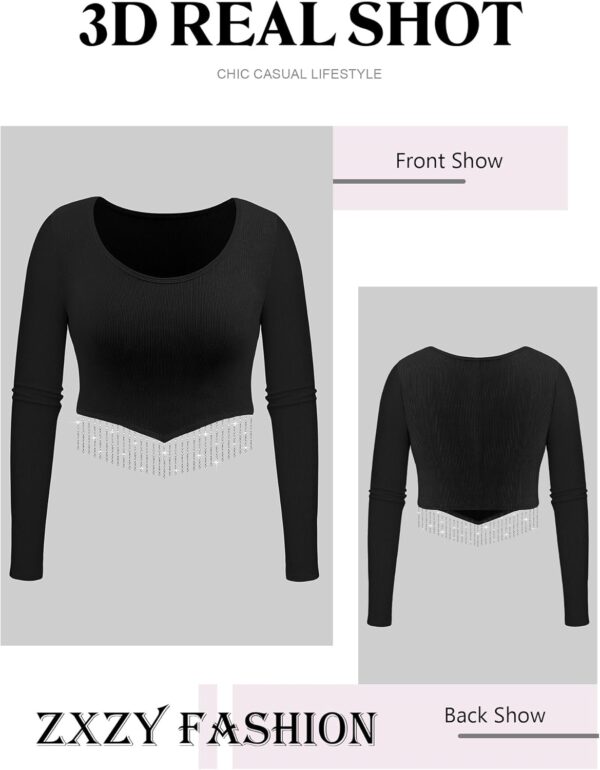 ZXZY Women Soft Ribbed Sparkly Rhinestone Fringe Long Sleeve Crop Top Cropped T Shirts - Image 2