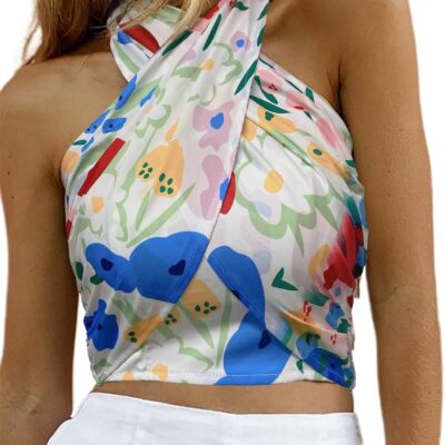 HYPERFIRE Women's Sexy Criss Cross Halter Sleeveless Wrap Front Backless Cami Crop Top Clubbing