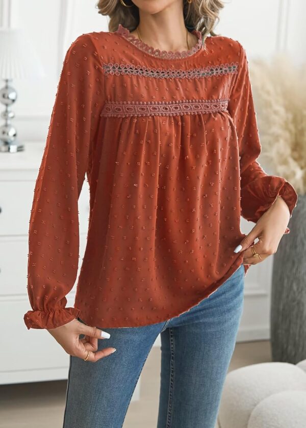 Womens Boho Tops Long Sleeve Shirts For Women Cute Crewneck Blouse Dressy Casual Swiss Dot Crochet Hollow Top 2025 - Image 5