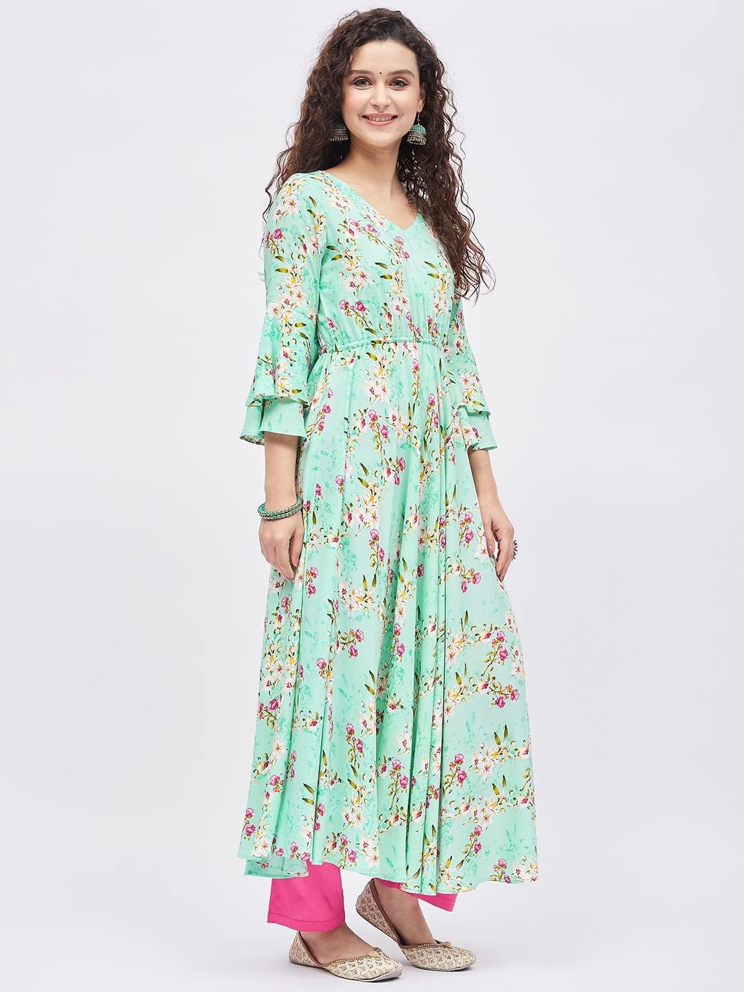 Tissu Women's Rayon Light Green & Rani Floral Printed Tie-up Kurta - Image 4