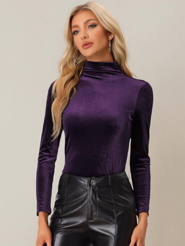 Allegra K Women's Turtleneck Velvet Top Long Sleeve Work Shirts Basic Velour Blouse - Image 6