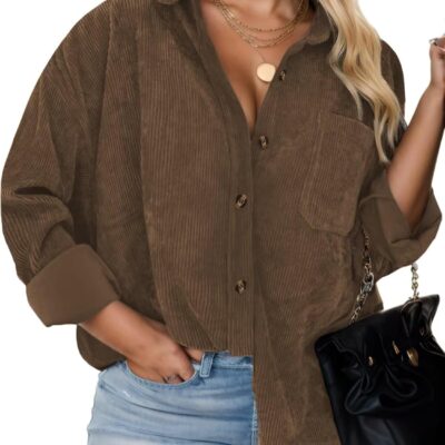 Plus Size Shackets for Women Fashion Fall Outfits Corduroy Shirts with Pockets Casual Long Sleeve Button Down Blouse Tops