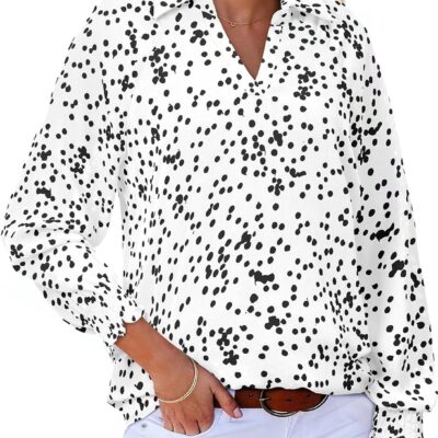 Astylish Women 2025 Casual Polka Dot Blouses Smocked Long Sleeve V Neck Collared Shirts Chiffon Bohemian Tops