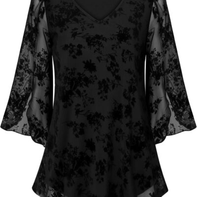 Bebonnie Womens Ruffle 3/4 Sleeve V Neck Double Layers Mesh Blouses Loose Fit Flowy Tunic Tops