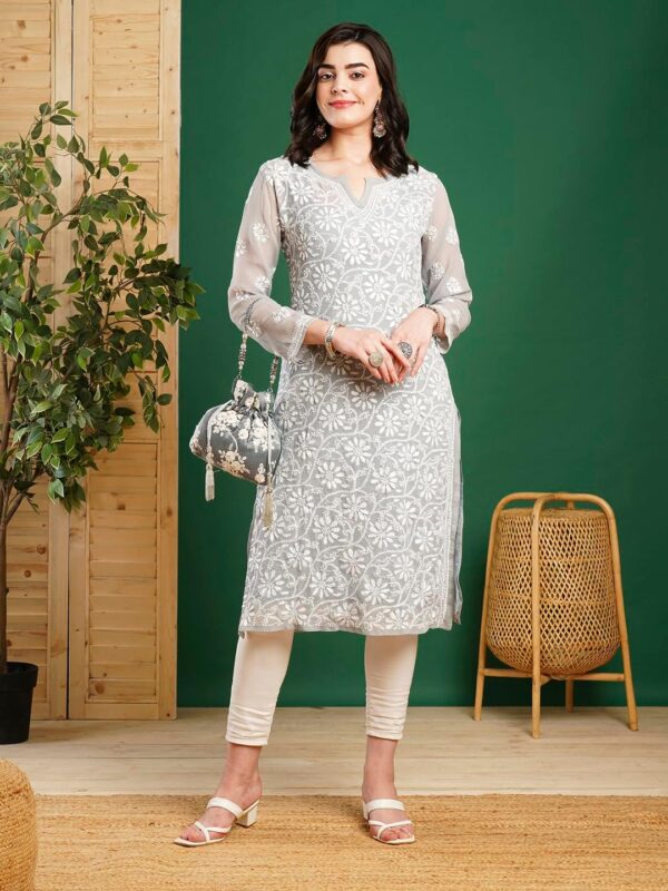 Ada Hand Embroidered Indian Chikankari Georgette Kurti Kurta with Slip for Women A90397 - Image 7