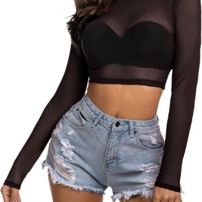 Avidlove Women Mesh Crop Top Long Sleeve See Through Shirt Sheer Blouse O Neck Clubwear S-4XL
