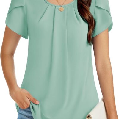 Funlingo Womens Summer Tops Dressy Casual Short Sleeve Tunic Chiffon Blouse Business Pleated Crew Neck Loose Flowy Shirts