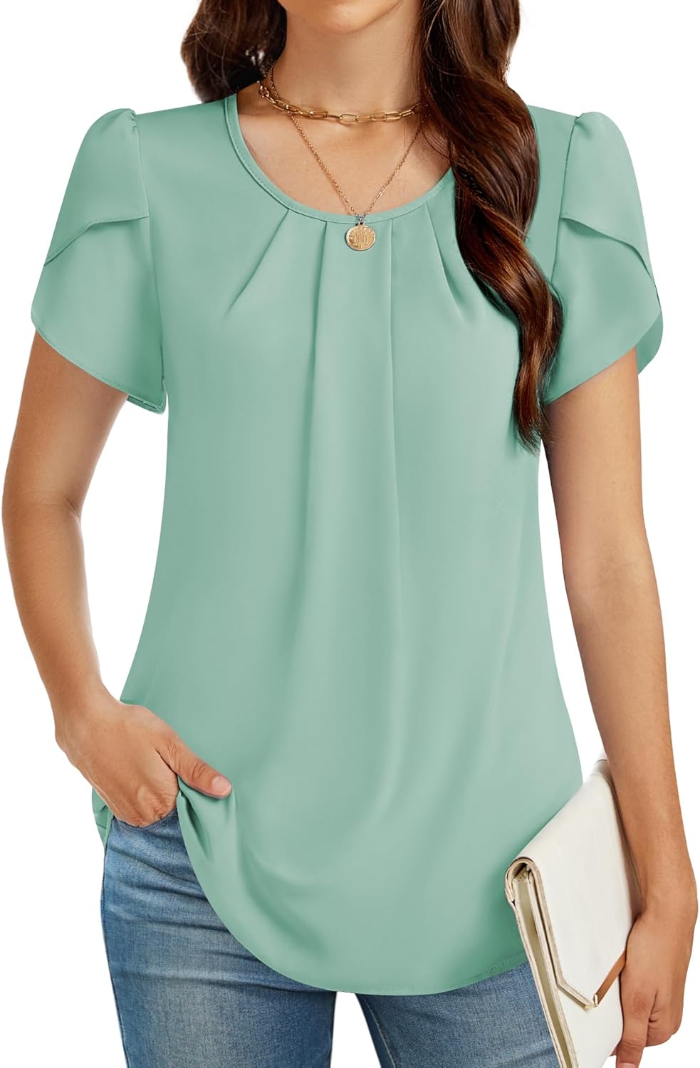 Funlingo Womens Summer Tops Dressy Casual Short Sleeve Tunic Chiffon Blouse Business Pleated Crew Neck Loose Flowy Shirts