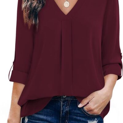 Youtalia Womens 3/4 Cuffed Sleeve Chiffon Printed V Neck Casual Blouse Shirt Tops