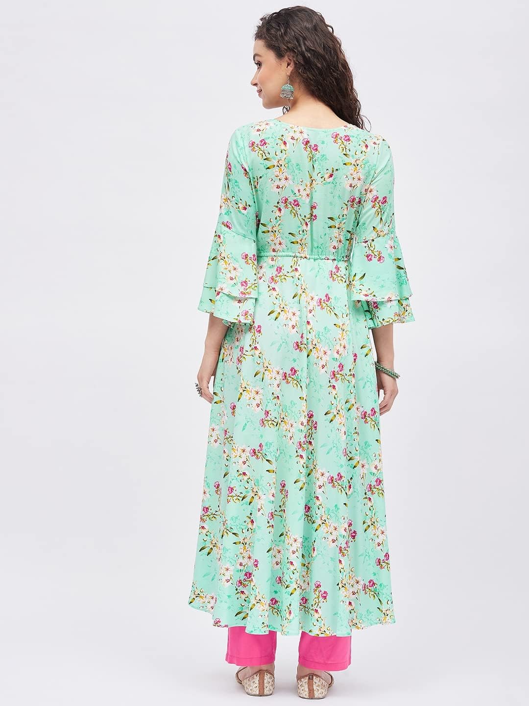 Tissu Women's Rayon Light Green & Rani Floral Printed Tie-up Kurta - Image 5