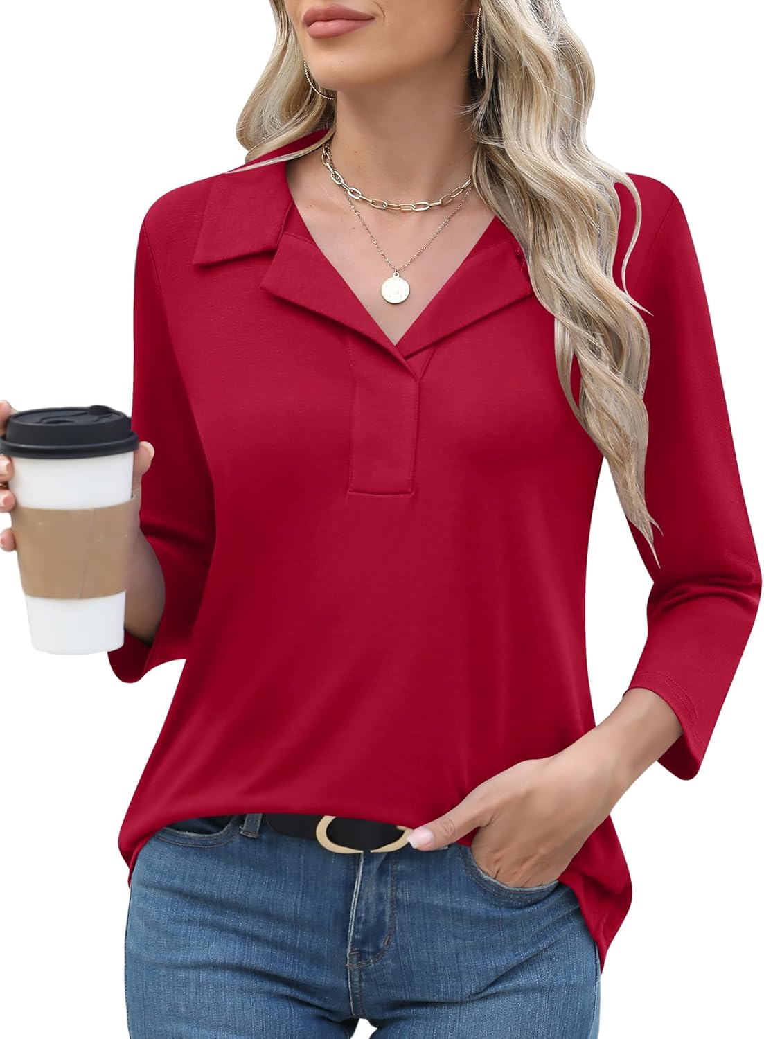 LUYAA Womens Polo Shirts 3/4 Length Sleeve Tops Collar V Neck Business Casual Blouses
