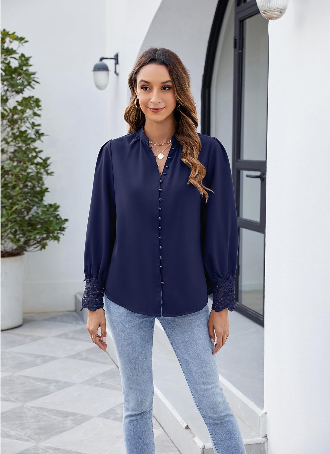 Neweek Womens Button Down Shirts Lace Cuff Long Sleeve Chiffon Dressy Tops Band Collar Fall Business Casual Blouses 2025 - Image 2