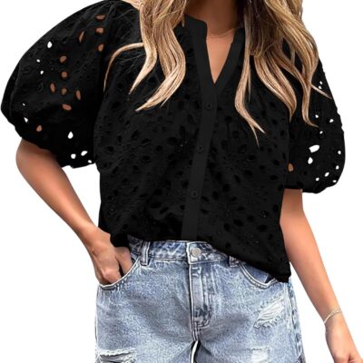 Rapbin Blouses for Women Dressy Casual V Neck Short Sleeve Eyelet Summer Tops Button Down Lace Embroidered Shirts