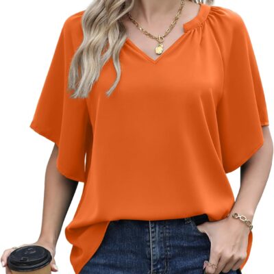 Jouica Womens Chiffon Blouses Casual Flowy Bell Sleeve Shirt Loose V Neck Pleated Tunic Tops