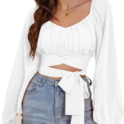 Rooscier Women's Ruched Wrap Square Neck Flounce Long Sleeve Self Tie Crop Top Blouse