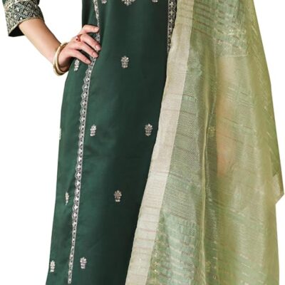 VredeVogel Women's Viscose Rayon Embroidered Kurta with Pant & Chanderi Silk Dupatta Set