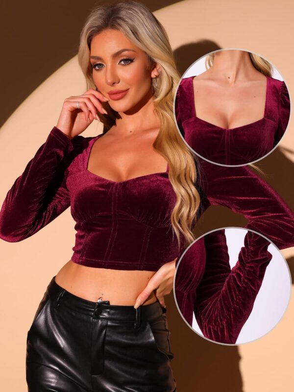 Allegra K Ruched Sleeve for Women's Sweetheart Neck Party Velvet Crop Tops - Image 2