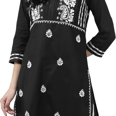 Ada Traditional Hand Embroidered Chikankari Cotton Kurta Kurti Tunic Kameez for Women A411435 Black
