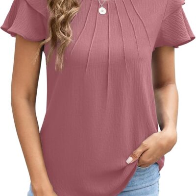 Womens Summer Tops Short Ruffle Sleeve Crew Neck Dressy Casual Pleated Blouses 2025 Trendy Fashion Outfits