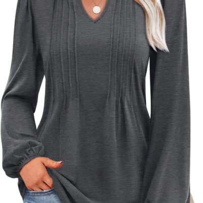 MIHOLL Women's V Neck Puff Long Sleeve T Shirts Pleated Casual Loose Tunic Blouse