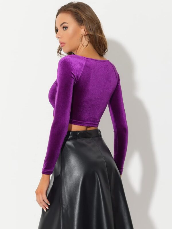 Allegra K Women's Velvet Long Sleeve Off Shoulder Solid Crop Top - Image 4