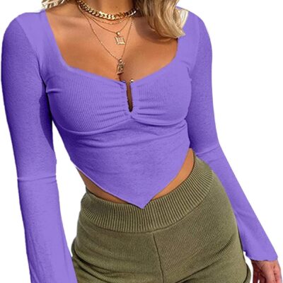 Avanova Women's Long Sleeve Knit Ribbed Crop Top Ruched Front Square Neck Asymmetrical Hem Tees Shirt