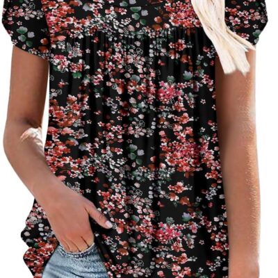 BETTE BOUTIK Womens Summer Tops Short Sleeve Pleated Square Neck Tunics Shirts Blouses S-3XL