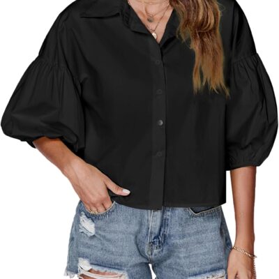 LYANER Women's Collar V Neck Button Down Lantern Short Sleeve Blouse Crop Top Shirt