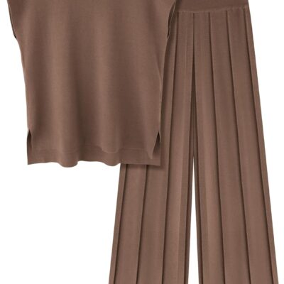 Ekouaer Lounge Sets for Women Two Piece Outfits Knit Cap Sleeve Tops Wide Leg Pleated Pants Casual Dressy Sweater Sets