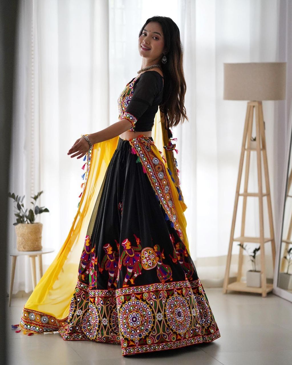 Womens Indian Lehenga Choli Set | Traditional Mirror Work Lehenga Choli and Dupatta | Gujrati Lehenga Set - Image 3
